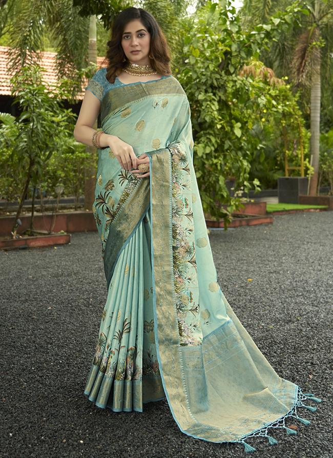 Sattin Sky Blue Festival Wear Weaving Saree